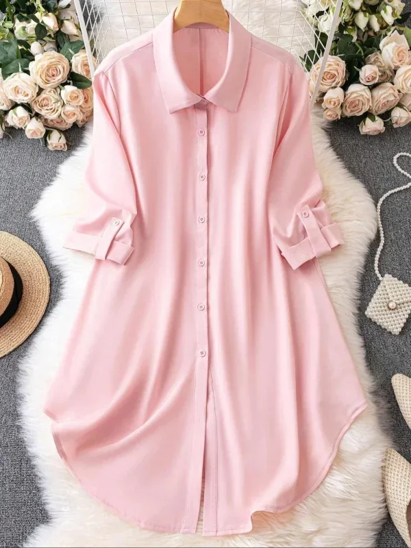 Grande taille 1XL-5XL mode femmes col rabattu manches enroulables Blouse dames boutonné décontracté Chic couleur unie chemise haute