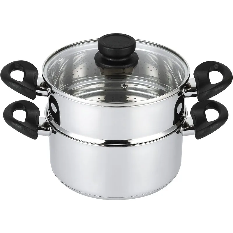 3 Piece Heavy Duty Stainless Steel Steamer Pot Set Includes 3 Quart Cooking Pot, 2 Quart Steamer Insert and Vented Glass Lid