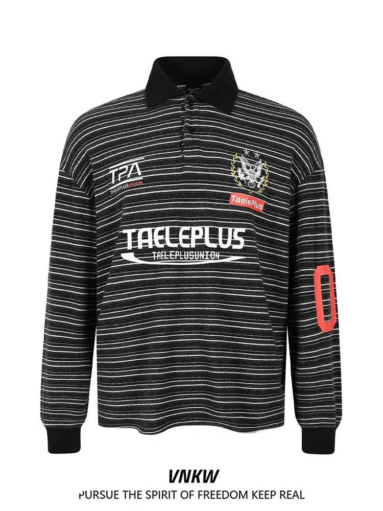 

Retro American Striped Letter Print Long Sve irt Casual Turn-down Collar Men Women Heavyweight Spring Trendy Brand ...