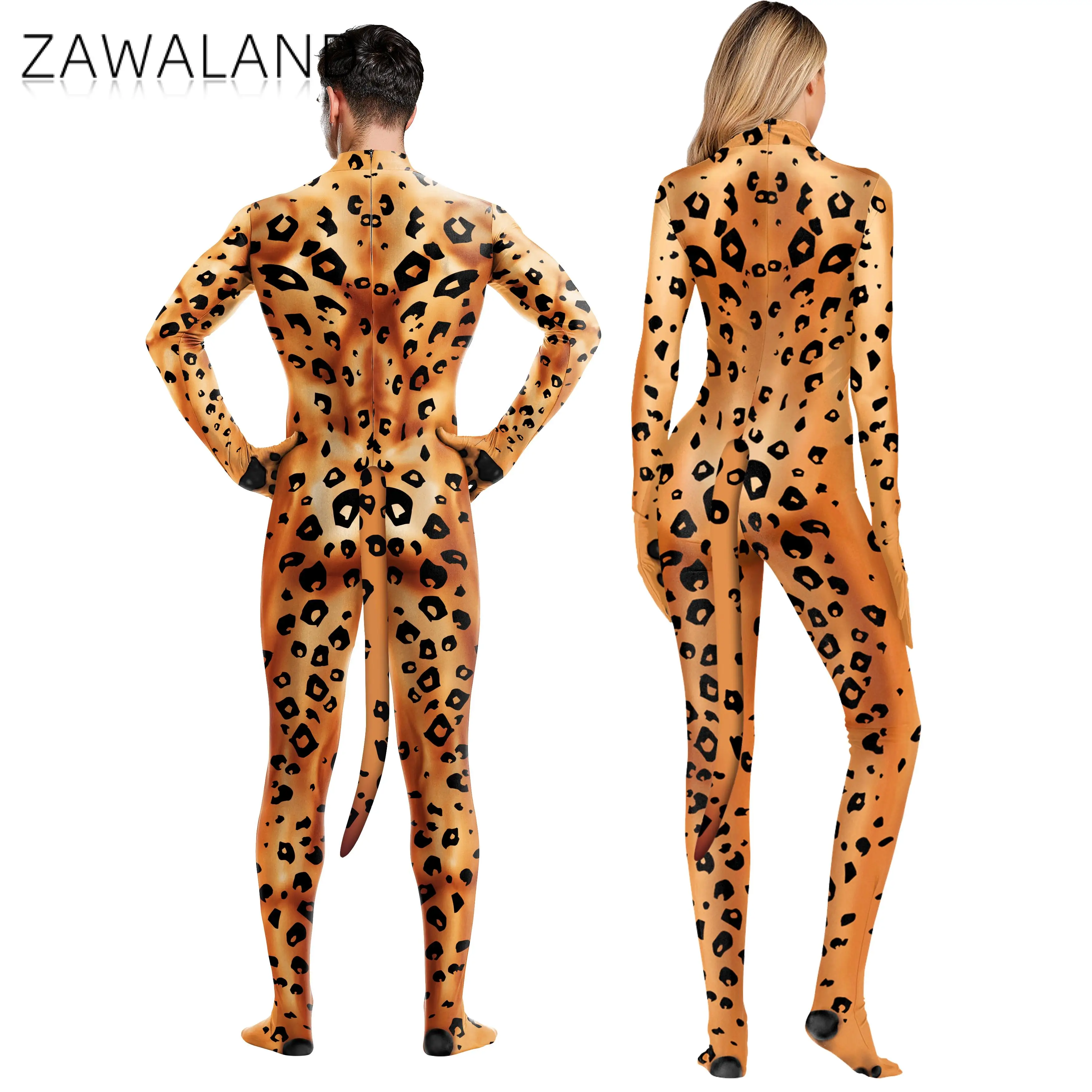 Zawaland adulto cosplay leopardo 3d impresso manga longa apertado terno zentai com cauda sexy magro traje elastano bodysuit terno do músculo