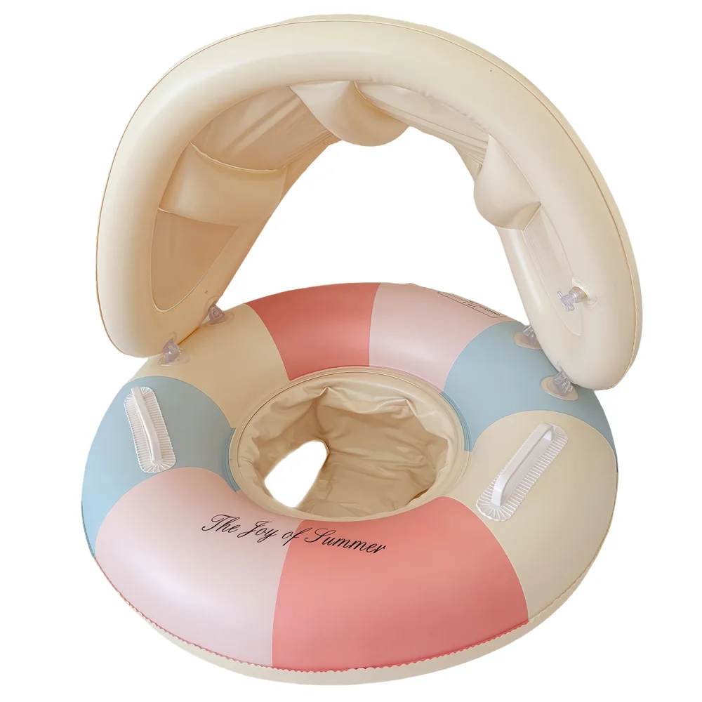 2026 Summer Beach Party Kids Swimming Ring Removable Sunshade Color Block Infant Baby Seat Float INS Viral Water Sitting Ring