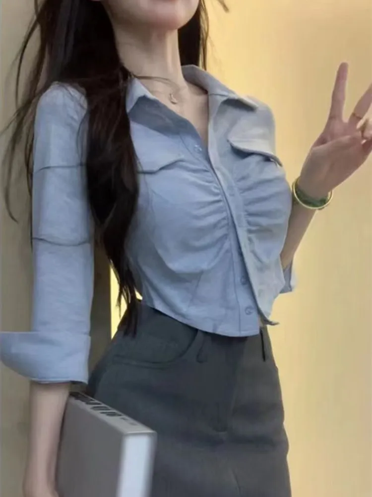 

Blue Slim Fit Long Sve irt ort Sle Women's Faionable Button up Top Korean Version Commute Sle Pure Color Ne