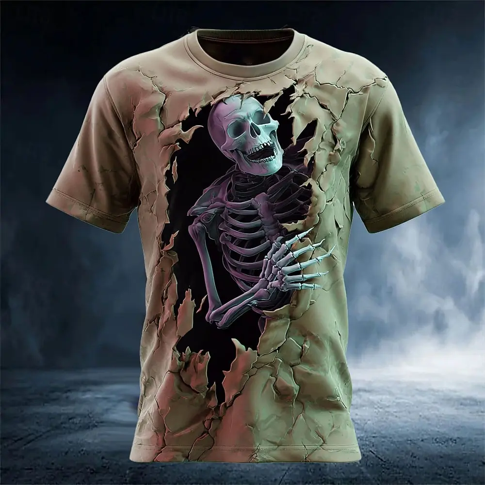 Halloween Men's Skull Optical Illusion 3D T-shirt Short Sleeve T-shirt 3D Printing Crew Neck Shirt