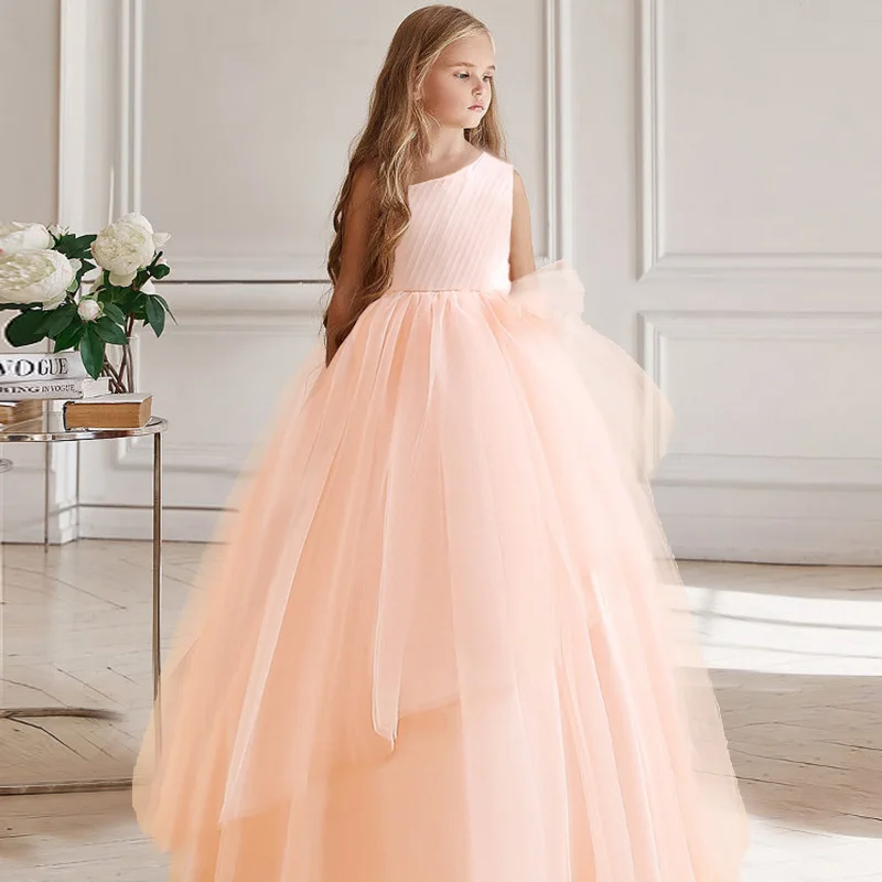 Elegant Girls Princess Dress Kids Birthday Wedding Party Layered Tulle Clothes Young Girls White Pink Evening Costume Vestidos