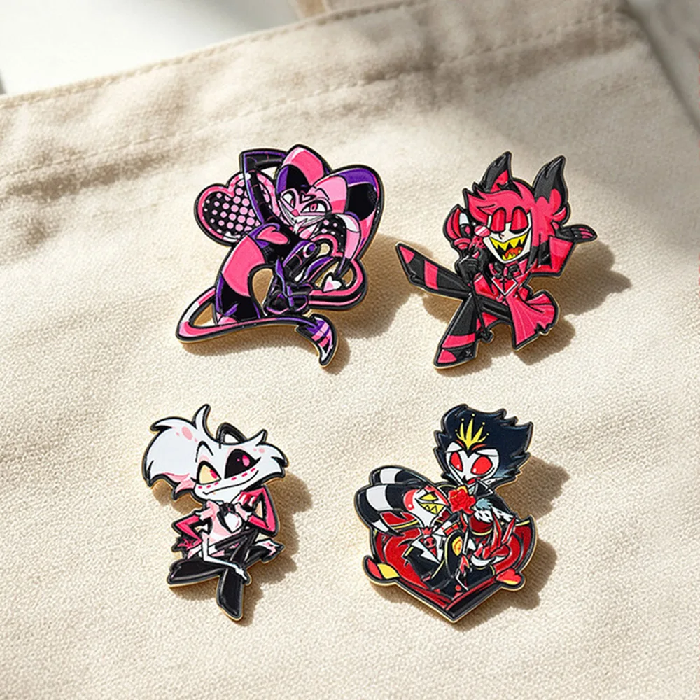 4 Stück Cartoon-Dämonen-Hotel-Charakter Emaille-Pins, Niedliche Chibi Alastor Angel Dust Brosche, Anstecknadel für Rucksack, Souvenir-Geschenk – Detail 5