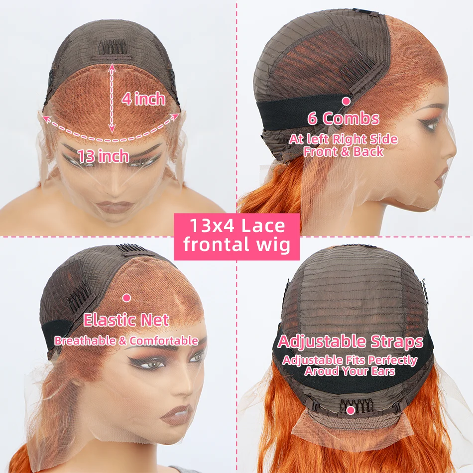 200 Gęstość Ginger Orange Body Wave Bob 13x4 Lace Front Human Hair Peruki Dla Czarnych Kobiet Ludzkie Włosy Pomarańczowy Imbir Krótka Peruka Bob