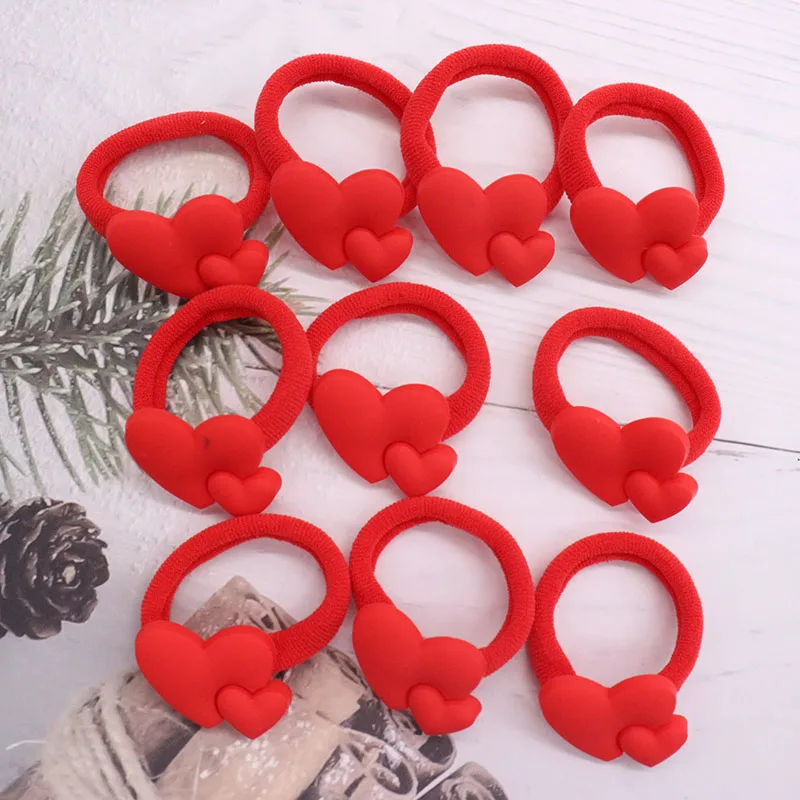 2Pcs/Set Red Heart Shaped Hair Accessories Children Rubber  Bands Scrunchies Elastic  Hair Bands Girls Headband Decorations Ties