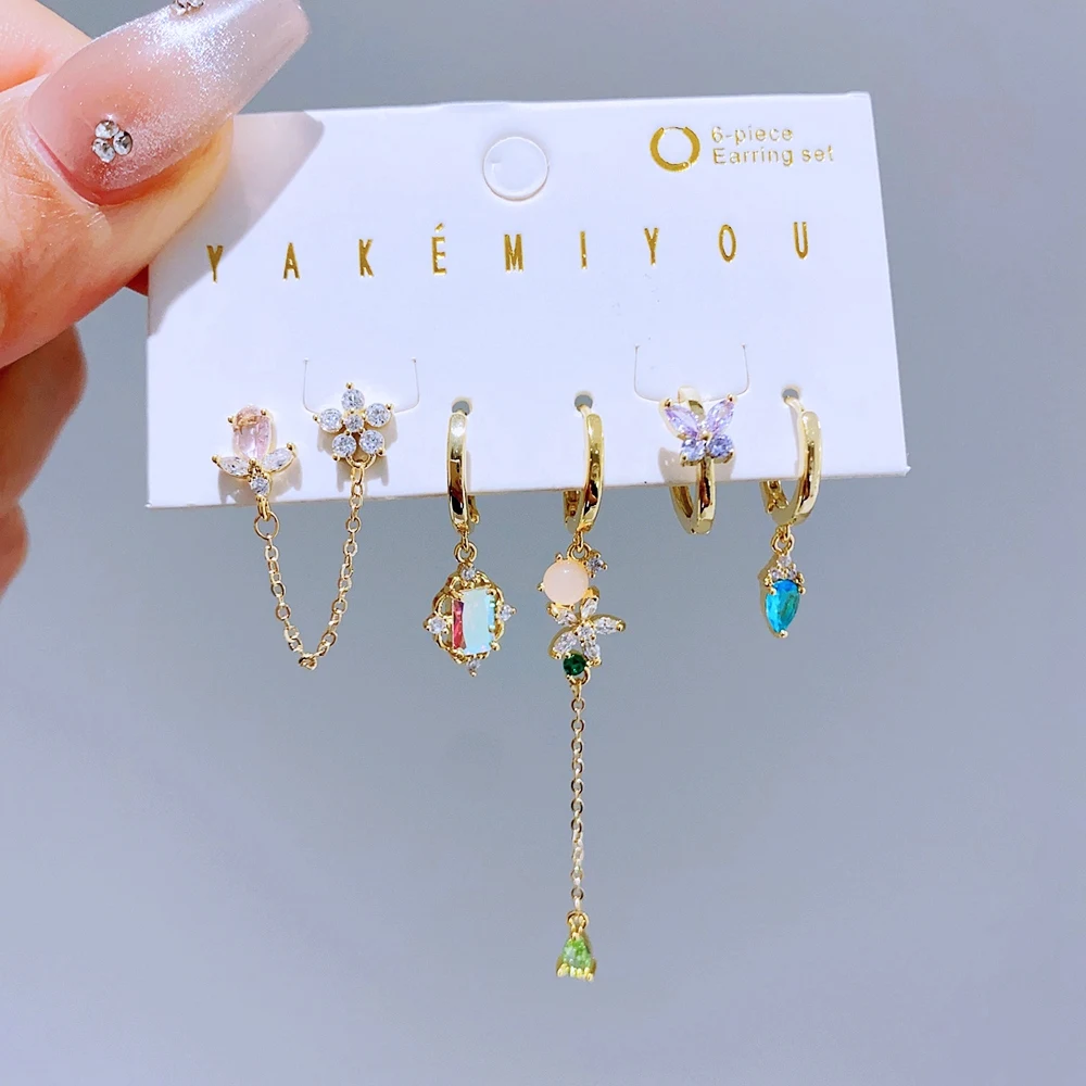 1 Set Gold Color Plated Dangle Earrings 6pcs CZ Crystal Flower Butterfly Woman Earrings Jewelry