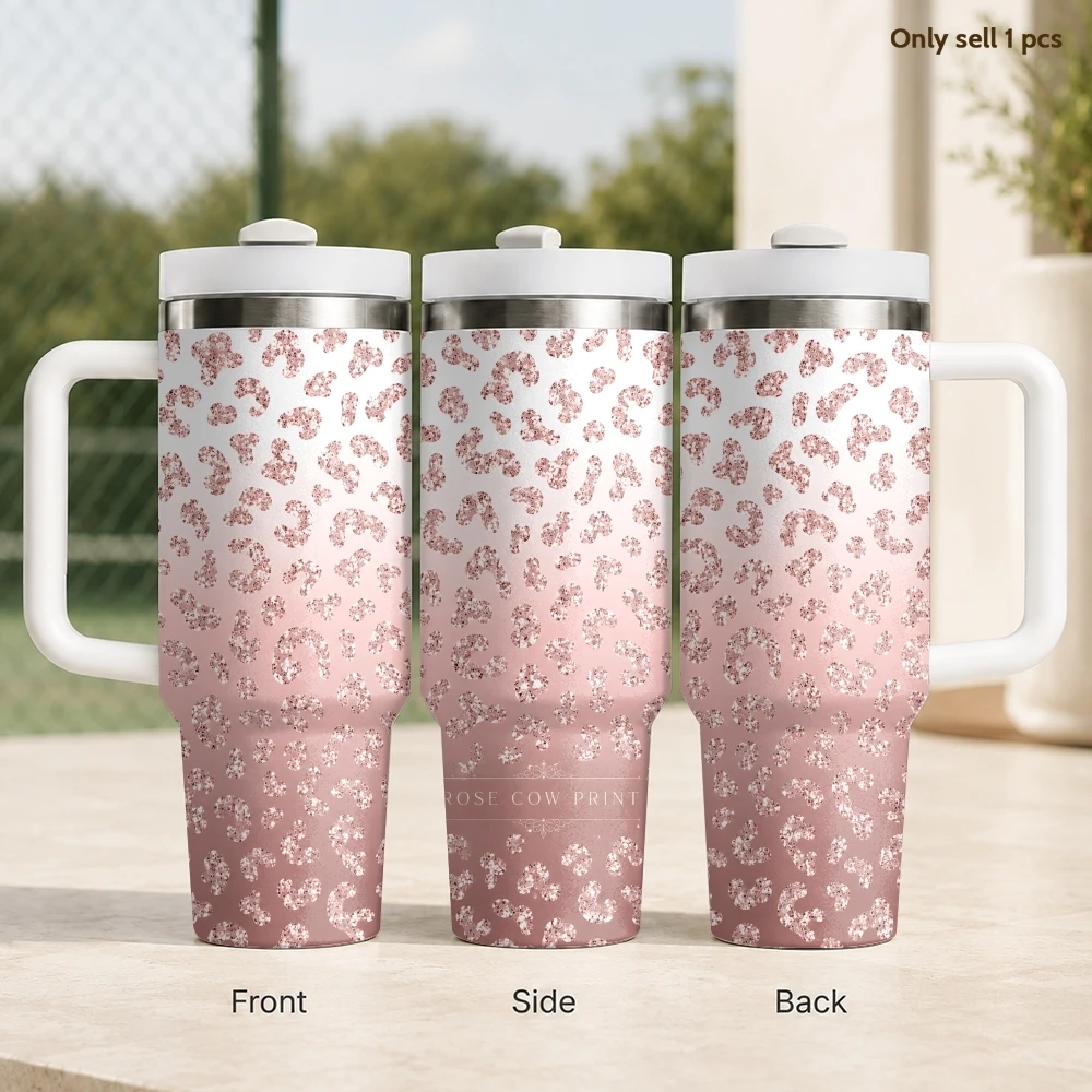 Ombre Pink Leopard Print Vacuum Flasks 40oz Stainless Steel Insulated Tumbler With Handle & Straw Leakproof Travel Mug