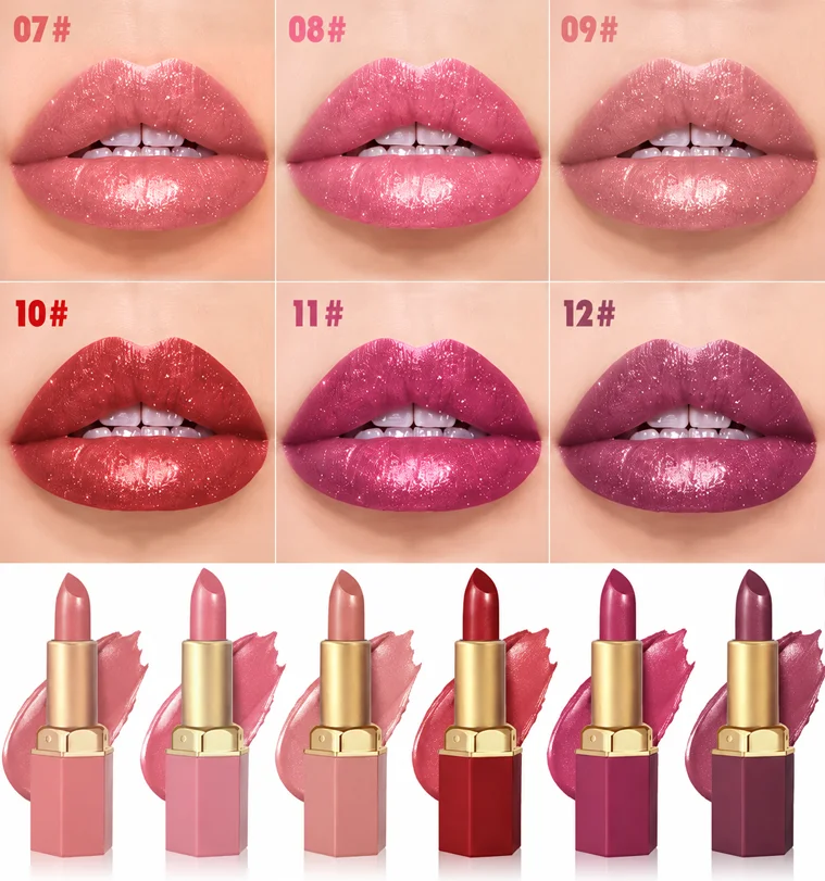 6 Colors Hydrating Glitter Pink Lipstick Glossy Shimmer Lip Stick Long Wear Non Dry Smooth Lip Color Natural Daily Lip Makeup