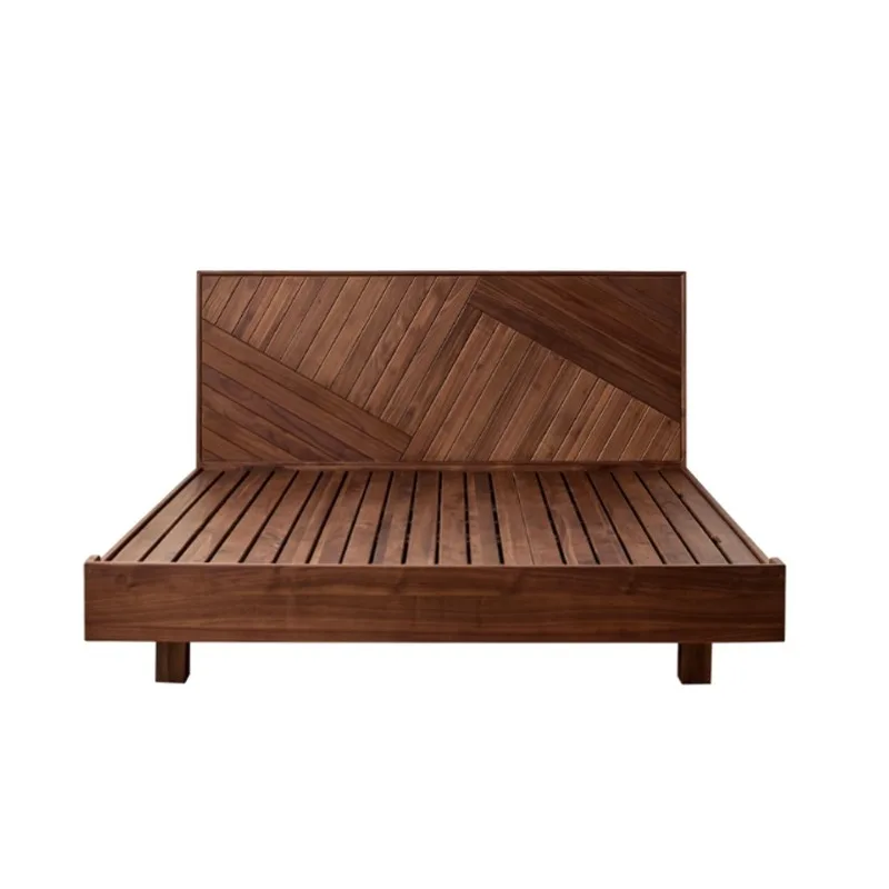 

Fishbone bed modern simple log master bedroom retro bed Nordic solid wood cherry wood double bed