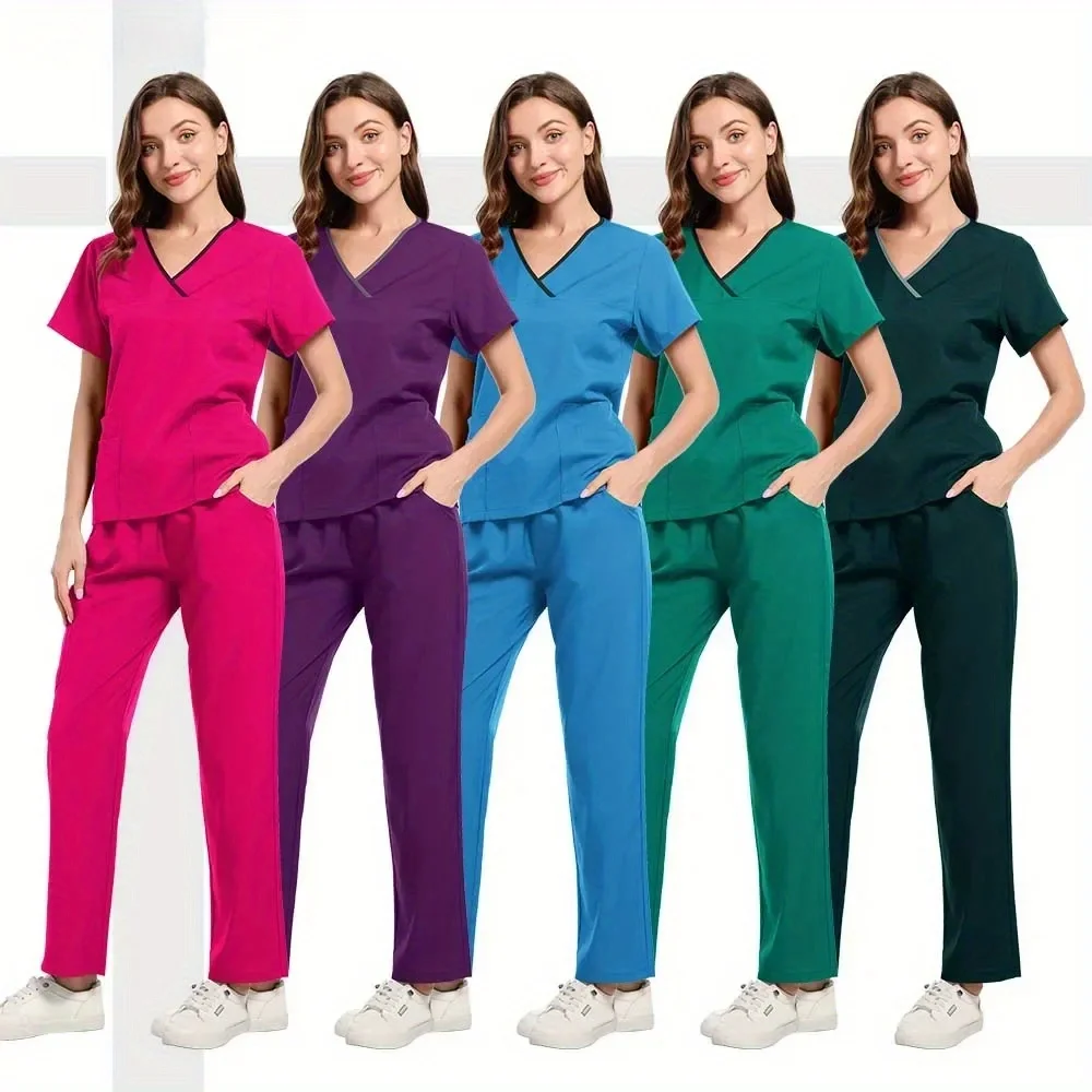 الطبيب والممرضة الإناث بالجملة عارضة قصيرة الأكمام الخامس الرقبة السراويل الرياضية مستشفى الحيوانات الأليفة الصيدلة العمل موحدة مجموعة
