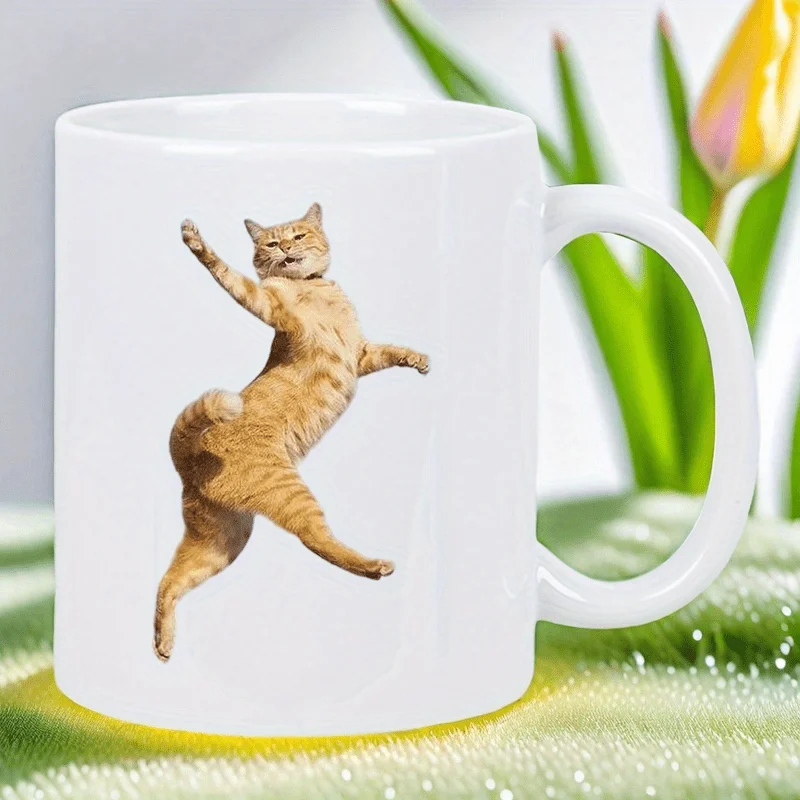 

Whimsical Ceramic Coffee Mug with Playful Orange Tabby Cat Mid-Jump Design - Hand Wash Only, Durable White Cup for Cat Lovers