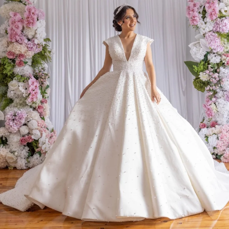 2026 Luxury Pearl Beaded Ball Gown Wedding Dress Elegant Satin Bridal Gown Cathedral Train Plus Size Vestido De Novia Custom