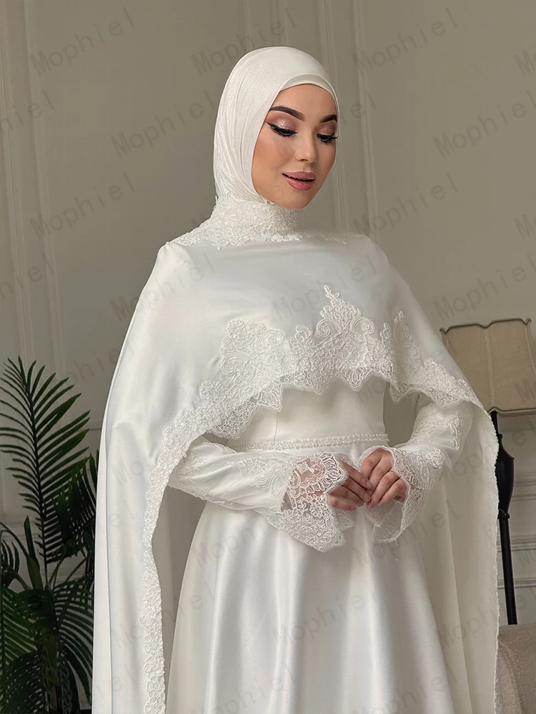 Elegant Wedding Dresses Hijab High Neck Long Sleeve Detachable Cape Muslim Satin Bride Dress A Line Lace Bridal Gowns Customized