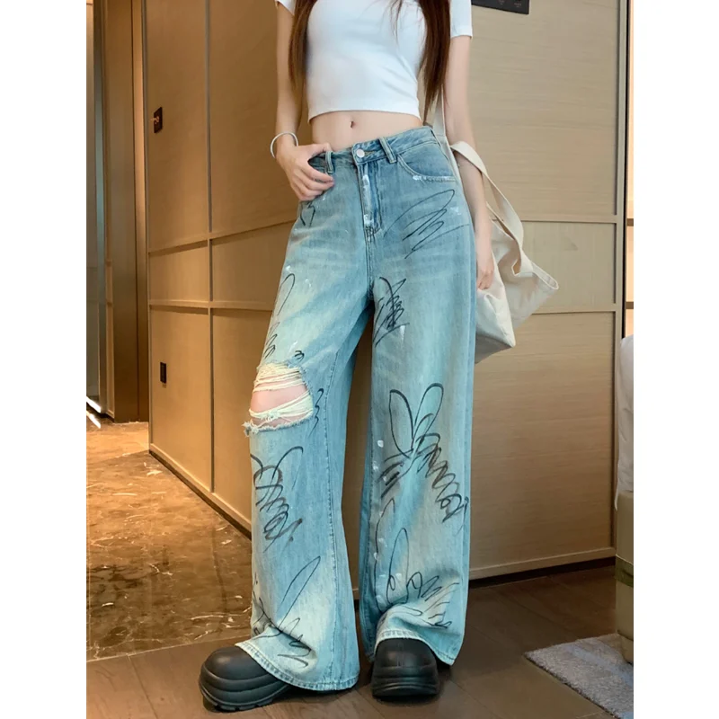 

Blue Jeans Women Y2K Hip Hop Fashion Vintage Ripped High Waisted Cargo Jeans Streetwear Casual Loose Pockets Wide Leg Denim Pant