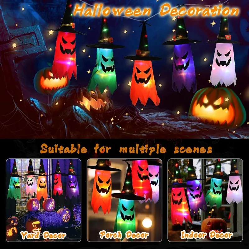 Halloween Leuchtende Hexenhüte als Laternen, Hängedekoration für Garten, Veranda, Zimmer, Innen- und Außenbereich, Feiertagsparty-Requisiten und Dekoration – Detail 2