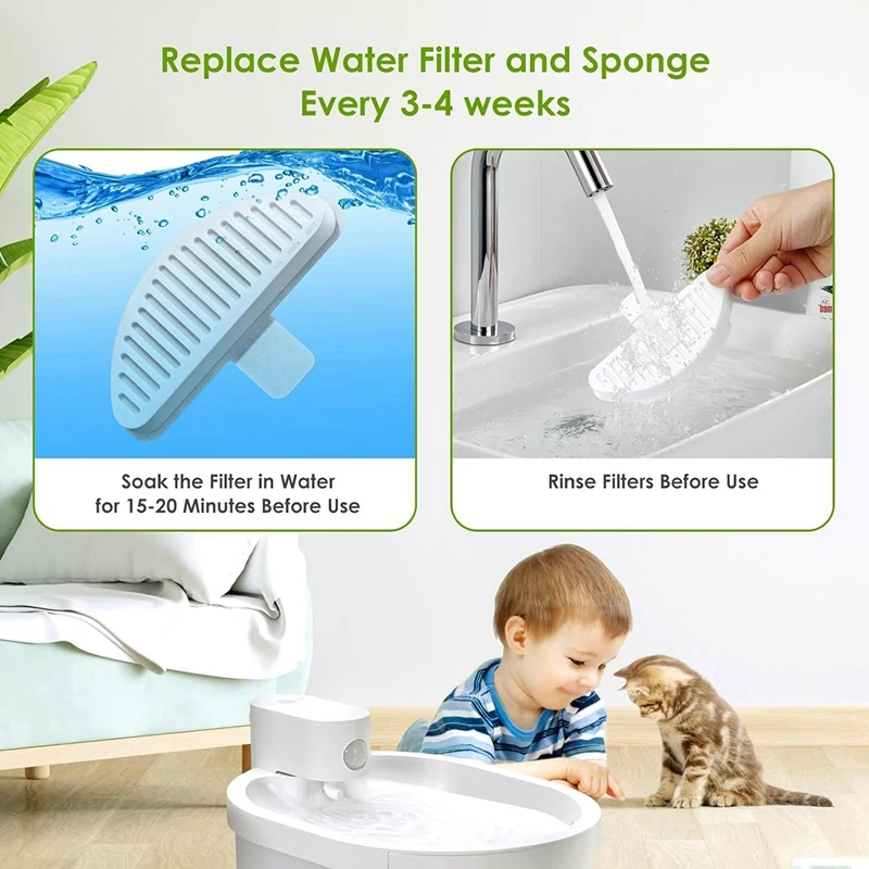 Lot de 3 éponges de rechange pour fontaine automatique pour animaux de compagnie, 6 éponges filtrantes, 67oz, 2l