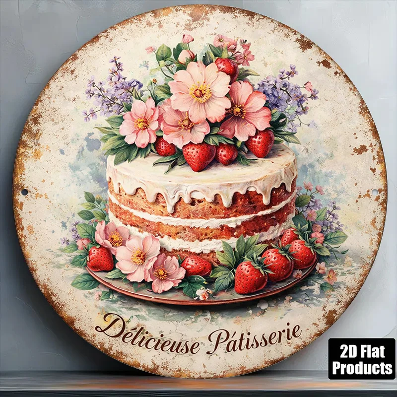 2D Flat - 1pc 8*8In/20X20Cm 2D Flat Round Sign, Vintage Plaque about Strawberry Cream Cake, Delicious Pastry Decorative Sign, Su