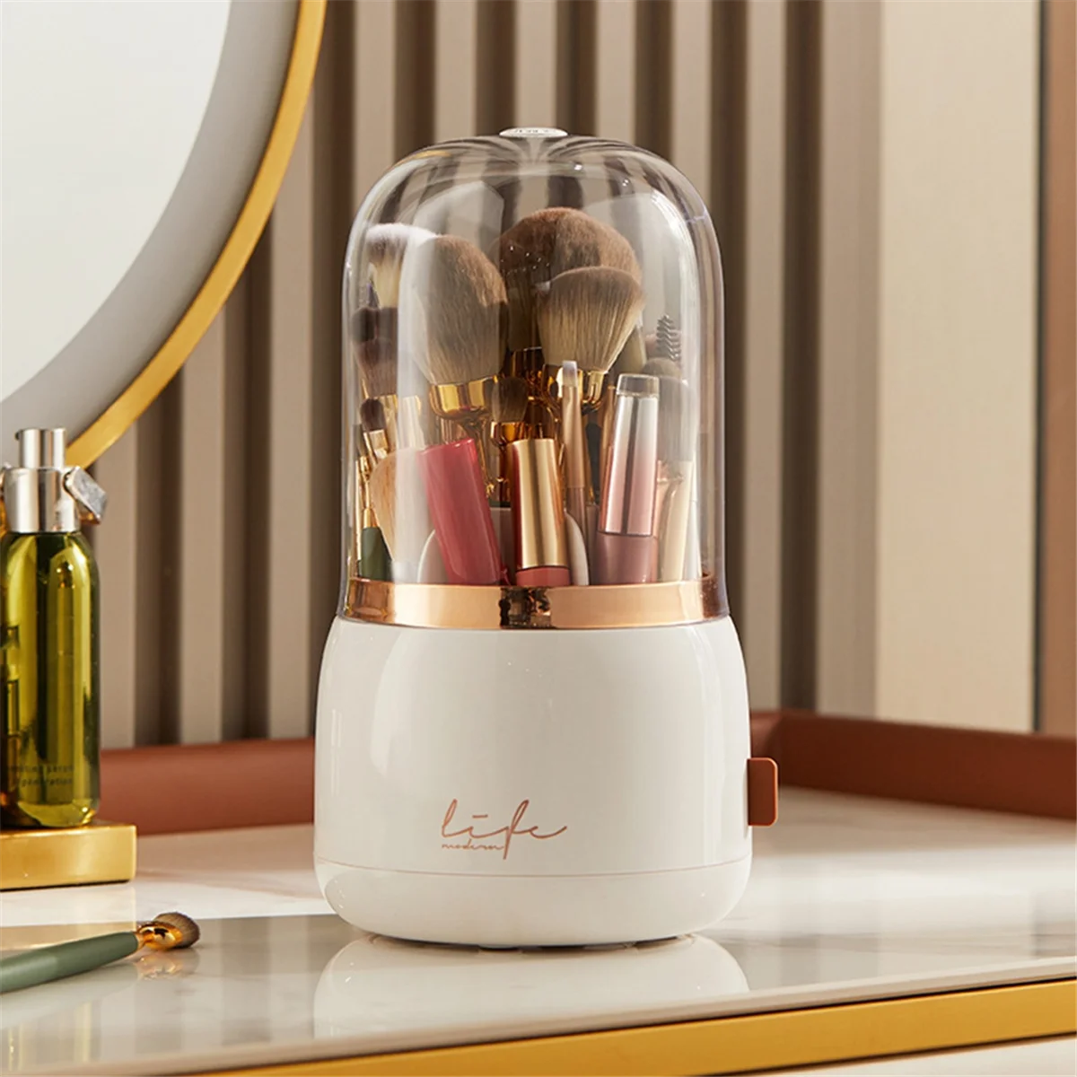 ABGU Multifuncional 360 °   Soporte giratorio para brochas de maquillaje, organizador cosmético de escritorio portátil para artista de maquillaje, verde oscuro