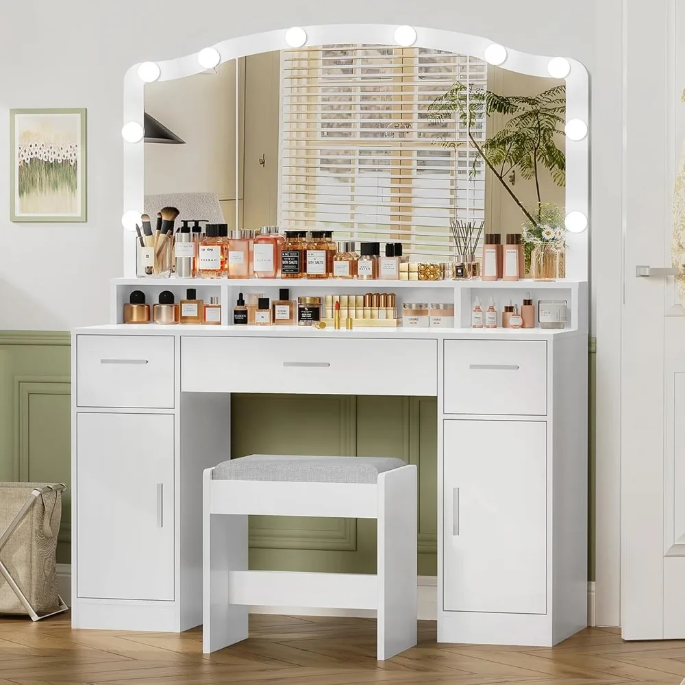 

Makeup Vanity with Lights, Vanity Desk, Makeup Vanity Table with 3 Drawers, 2 Cabinets & Long Storage Shelf, 10 Led Lights