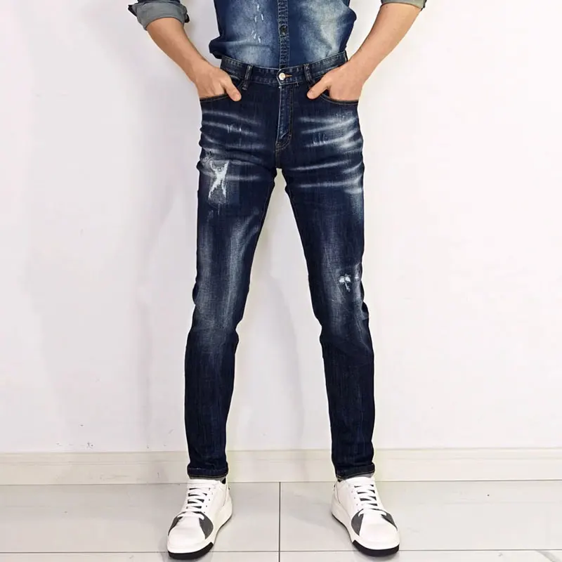 Y2K Street Fashion Men's Jeans High Quality Retro Blue Elastic Slimming Ripple Jeans Designer Retro Brand Pants Hombre