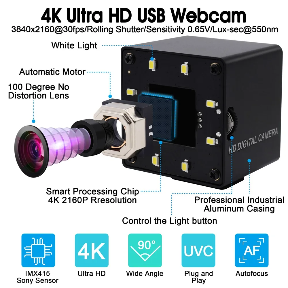 SVPRO 4K Autofocus USB Camera Night Vision IMX415 Webcam with White LEDs Wide Agnle Camera with No Distortion Lens