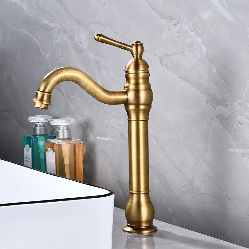Antique Brass Basin Faucet Deck Mounted Single Handle Bathroom Accessories Crane Long Spout Lavatory Sink Hot Cold Mixer Tap