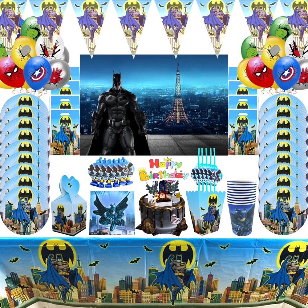 Bat Hero Theme Birthday Party Decoration Disposable Tableware Superhero Paper Plates Cups Flags Kids Baby Shower Party Supplies