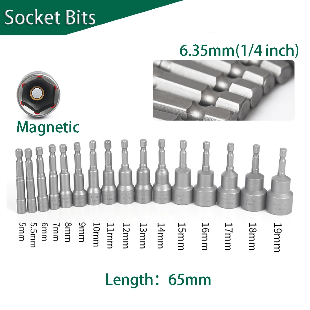 

Socket Bit 5/6/6.35/7/8~19MM Magnetic Electric Wrench Socket 65mm Length Impact Socket Adapter for Power Tools 6.35mm Hex Shank