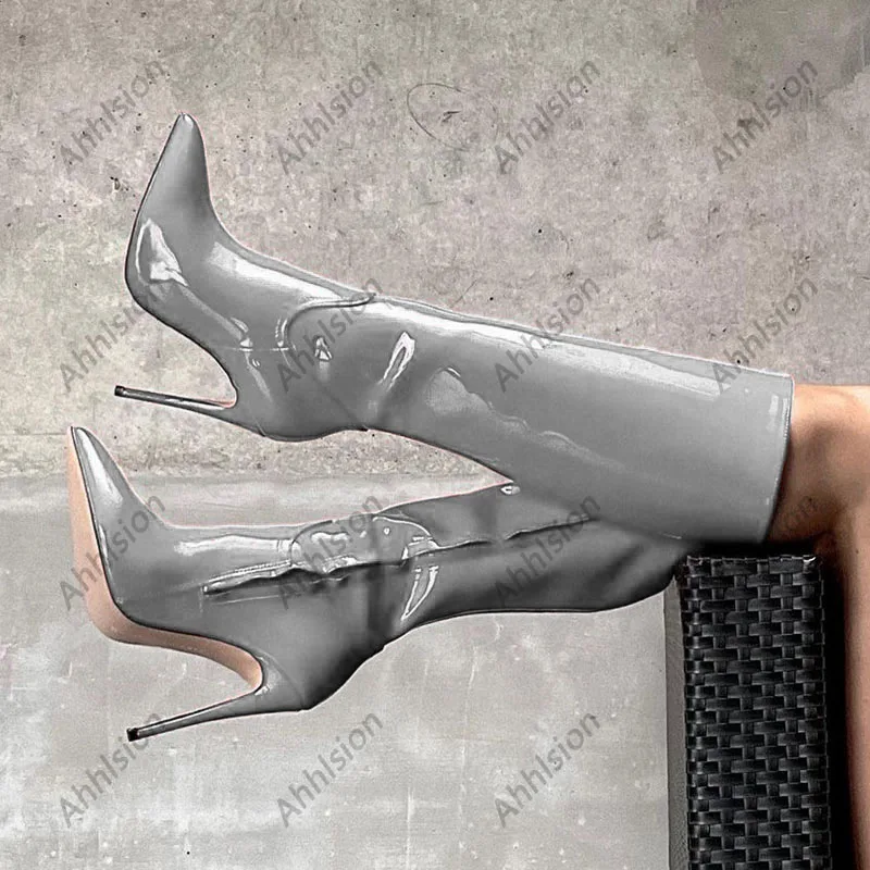 Ahhlsion اليدوية النساء الشتاء الركبة الأحذية براءات الاختراع والجلود Stiletto الكعوب أشار تو جميل أحمر أزرق أحذية السيدات لنا حجم 5-15