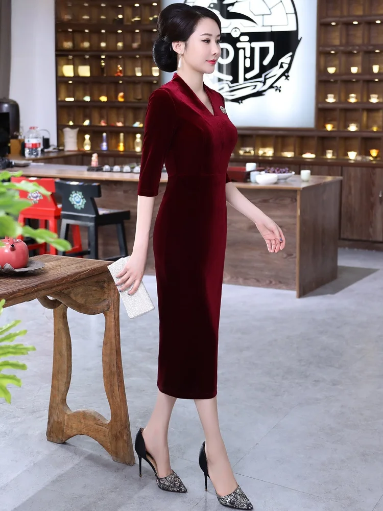 

Ele Velvet Qipao Dr for Wedding Banquet Women's Mid-Age Improved Version Gold Velvet Suit for Mother-In-Law