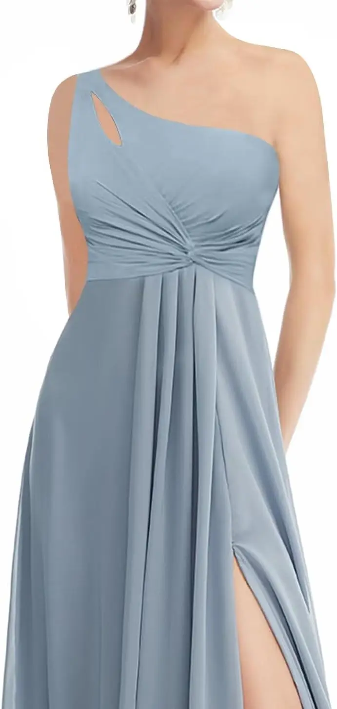 فساتين وصيفة الشرف شيفون بكتف واحد مع فتحة طويلة مكشكشة على شكل حرف A فستان سهرة رسمي مع جيوب IMC015