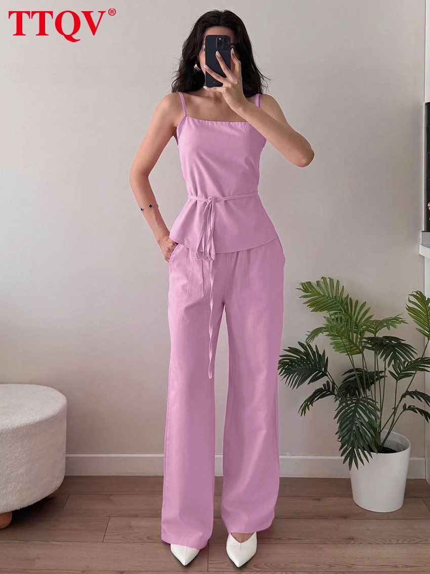 

TTQV Fashion Loose Pink Cotton 2 Pieces Set For Woman 2026 Sexy Sleeveless Tank Top With High Waist Wide Pants Set Female