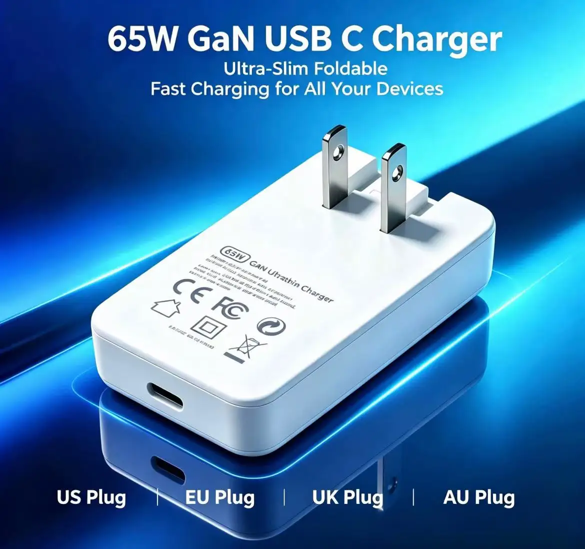65W USB-C GaN Charger: Foldable US Plug, Detachable EU/UK/AU Plugs , Fast Charging for iPhone 15/14/13/12 Series, iPad, AirPods.