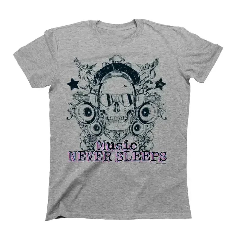 Music Never Sleeps T Shirt Mens Christmas Skull Hipster Headphones