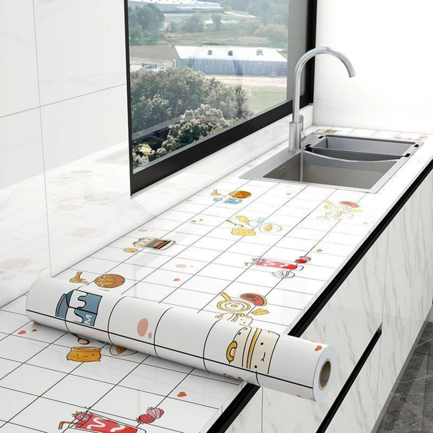 8M Self Adhesive Cartoon Decor Stickers Aluminum Foil Waterproof Oil Proof Wallpaper for Kitchen Cabinet Countertop Renovation