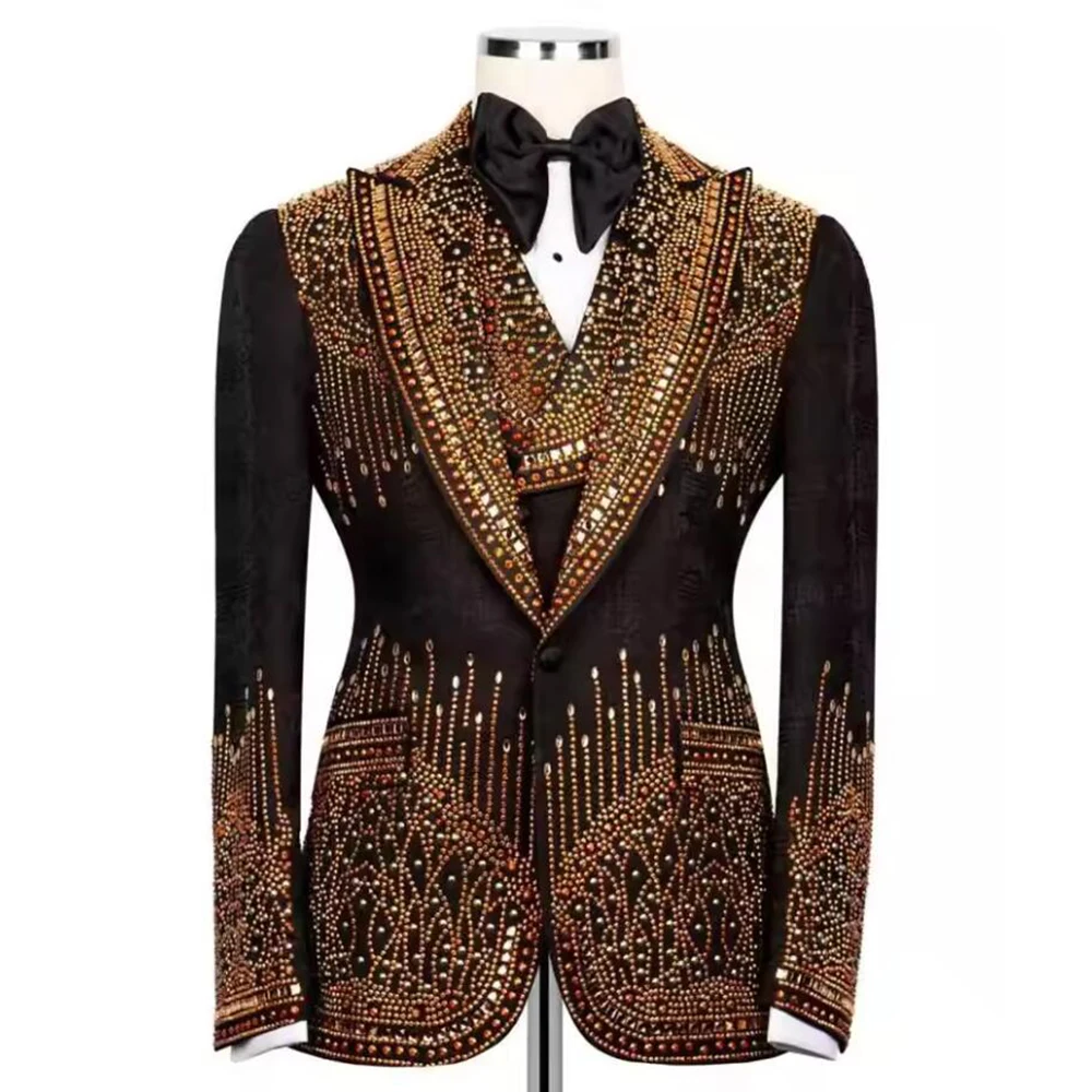 Customized Men's Suits Luxury Crystal Beads Slim Fit Wedding Groom Tuxedos Peaked Lapel Banquet Prom Blazer Set 3 Pieces Attire