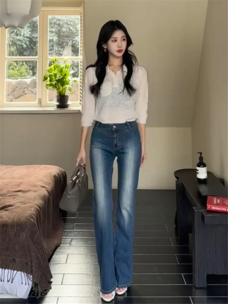 

Retro American Low Waist Bell Bottom Jeans Women's Spring Autumn Slimming Long Extended Vintage Washed out Jeans