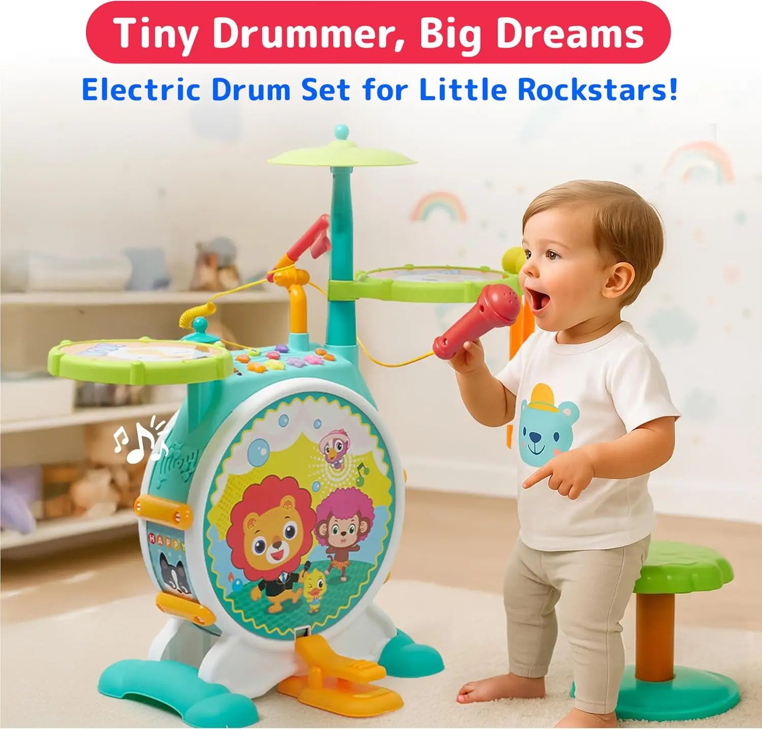 Kids Electric Toy Drum Set with Realistic Sounds, Plastic Musical Instrument for Babies and Children, Drum Toy with Cymbal, 9-Piece Multicolor Set, Encourages Creativity and Motor Skills