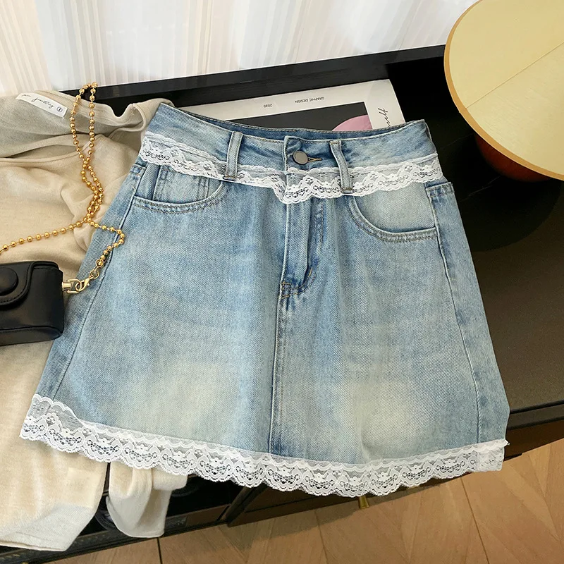 Real shot Korean super beautiful lace splicing temperament high waist straight A word thin lined denim skirt short skirt