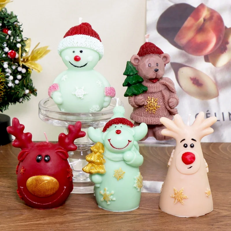 Smiling Snowman Bear Silicone Candle Mold DIY Elk Head Christmas Scented Plaster Resin Craft Ornament Wax Soap Mold Making Tools