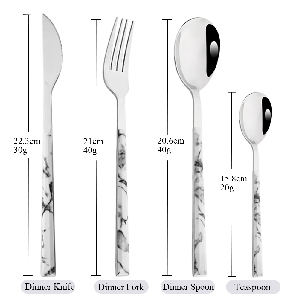 Drmfiy 24Pcs White Silver Flatware Set Knife Fork Spoon Dinnerware Set Stainless Steel Cutlery Set Marble Handle Tableware Set