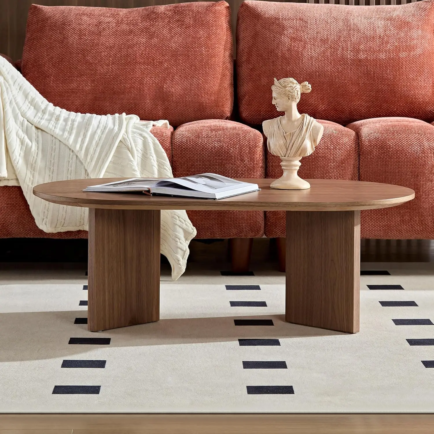 39.37'' Oval Coffee Table for Living Room Pedestal Coffee Table Mid Century Modern Coffee Table Wood Centry Table, Easy Assembly