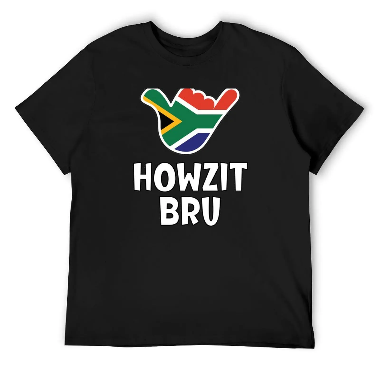 

Howzit Bru - южноафриканское приветствие и знак Шака с флагом Южной Африки внутри. Футболка с рисунком. Мужская хлопковая футболка.