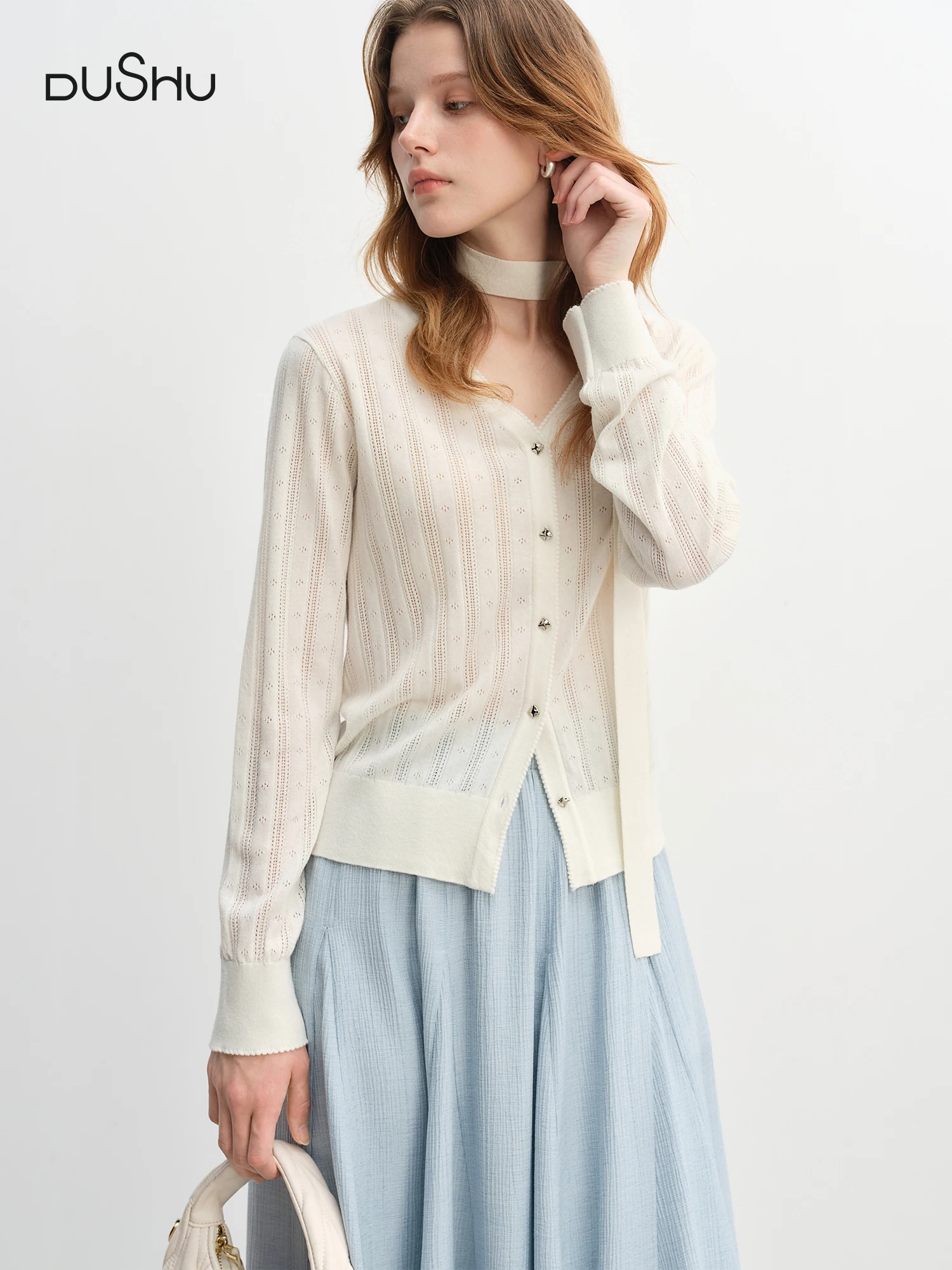 

​DUSHU Autumn 2025 Women's V Neck Knit Cardigan - Detachable Bow Trim Lace Detail Soft Lyocell Blend Casual Blouse Loose Wear​