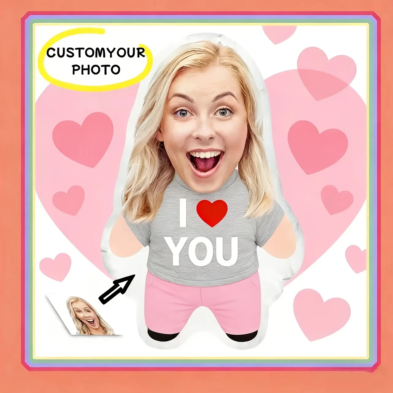 

Customized couple "I Love You" pillow with double-sided pink and gray pants design, customized long photo ugly pillow personaliz