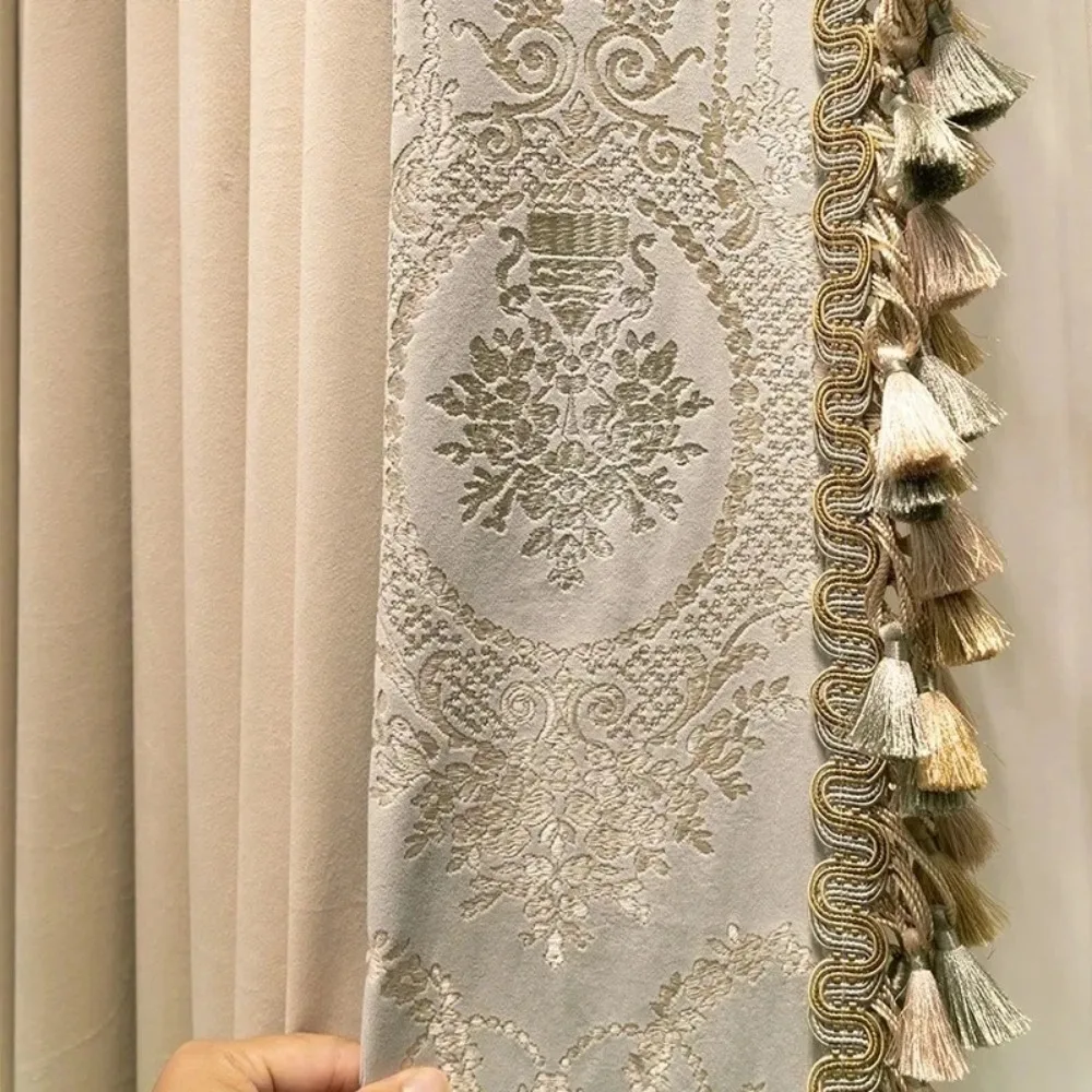 Sustainable French Milk Tea Velvet Splicing Embroidery Curtains for Living Room Bedroom Energy Saving Privacy Drapes Custom