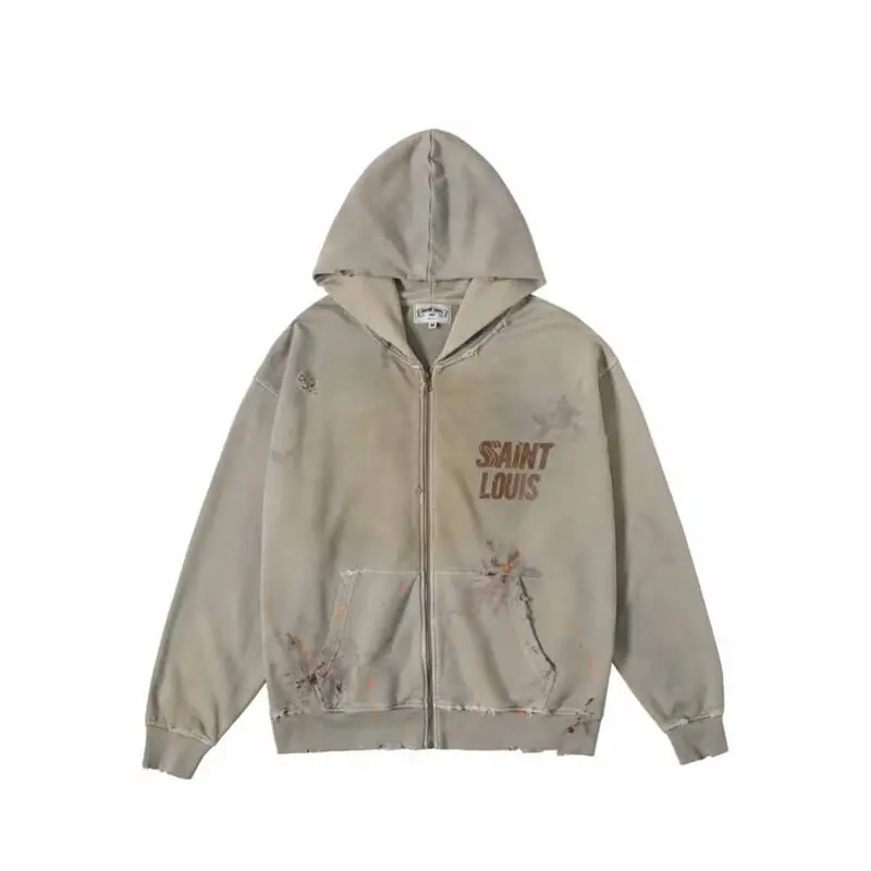 

SAINT Heavy Industries frayed zipper hoodie splashed black sweater jacket