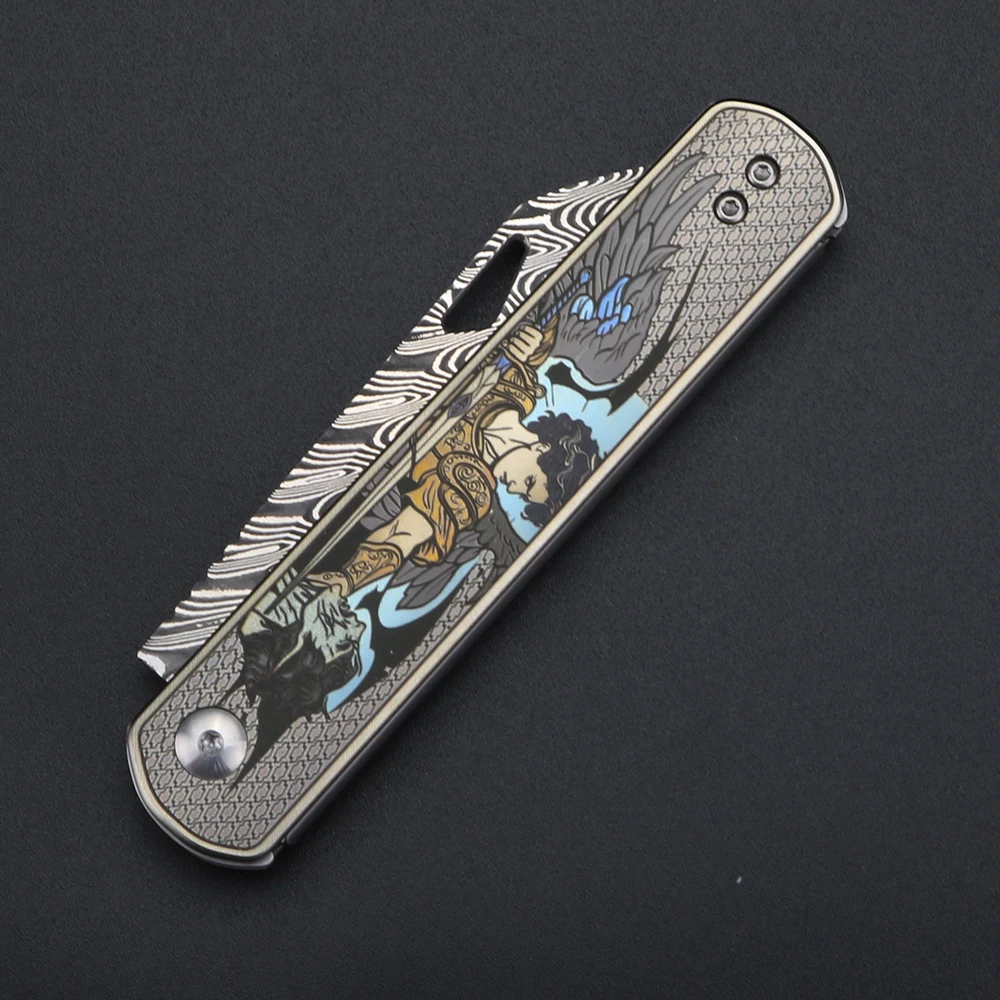 XUANTENG [Angel Overcomes the Devil] Titanium alloy handle pocket knife VG10 Damascus folding knife view 6
